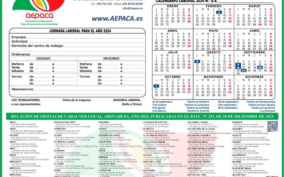 Calendario Laboral SCTFE - AEPACA 2024